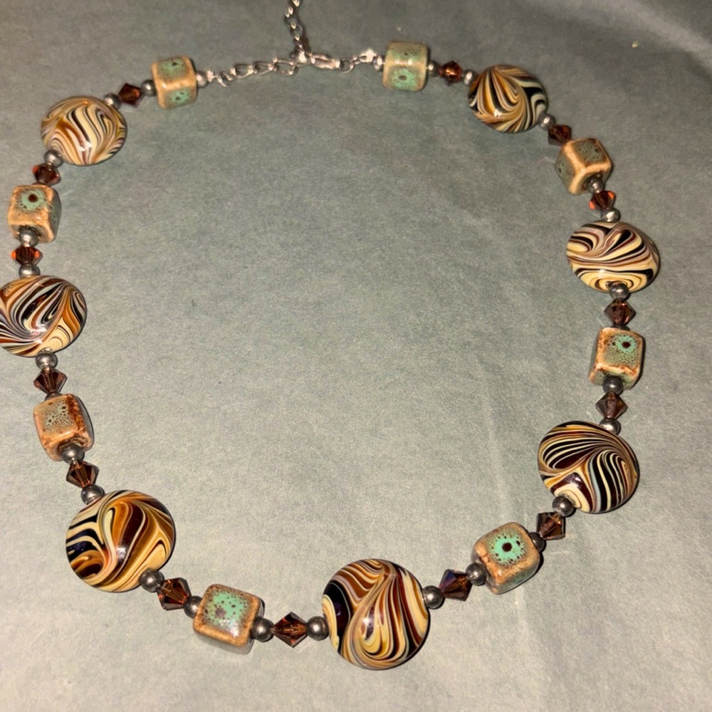 Art glass and ceramic bead, choker necklace, brass tone